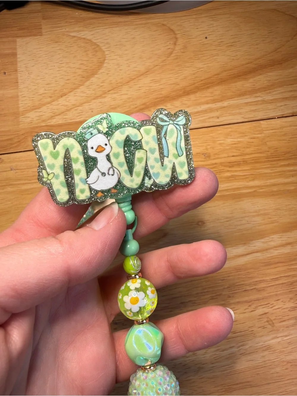 NICU Nurse Green Goose Floral Rhinestone Beaded Pen and Matching Badge Reel Set
